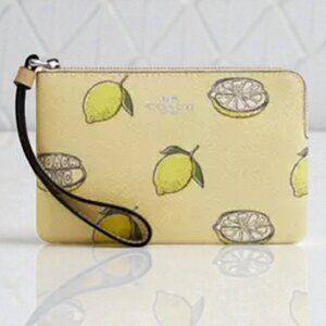 New Coach Corner Zip Wristlet Yellow Lemon Print Canvas CBB80